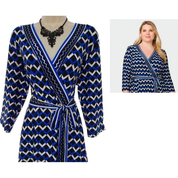 Roz & Ali Faux Wrap Dress Blue Geometric Print Size Medium - Picture 1 of 6